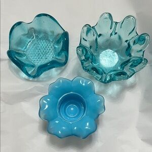 Set of 3 Aqua & Blue Glass Votive Candle Dishes
